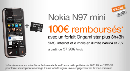 100&euro; rembours&eacute;s avec le Nokia N97 sur le forfait Origami star plus