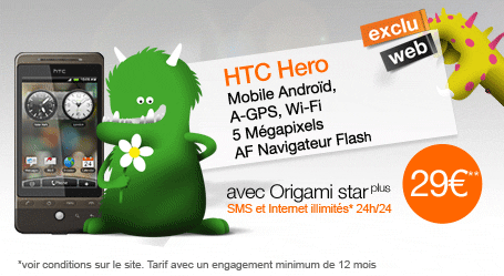HTC Hero &agrave; 29&euro; avec Origami star plus