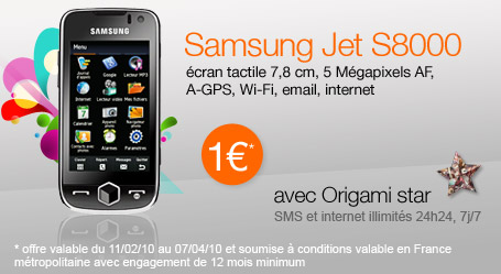 Samsung Jet S8000 &agrave; 1&euro; avec Origami star